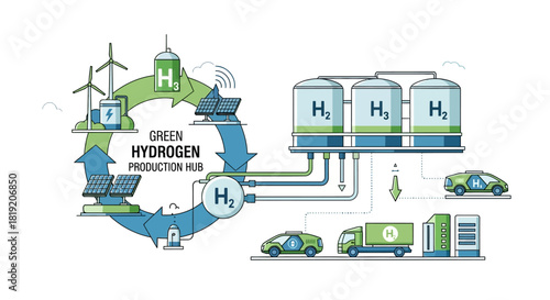 Green hydrogen production hub sustainable energy cycle and applications.
