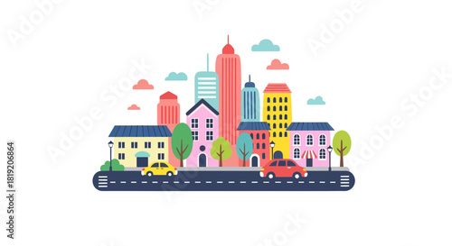 Vibrant cityscape illustration with colorful buildings, cars, and whimsical cloud accents