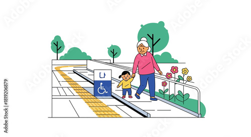 Grandmother and Child Walking on Accessible Path Illustration.