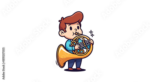 A cartoon character playing a French horn with a cheerful expression and sparkling musical notes