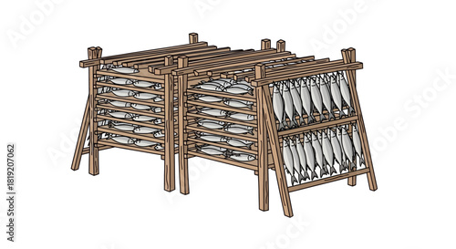 Hand drawn illustration of fish preservation on wooden racks.