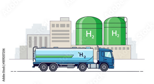 Hydrogen Truck Delivering Fuel to Storage Tanks.
