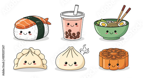 A delightful array of cute cartoon depictions of various Asian culinary delights
