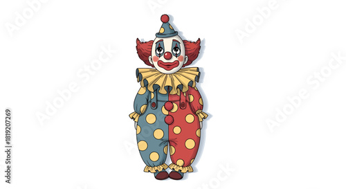 A Colorful and Slightly Melancholic Cartoon Clown Illustration Against a White Background