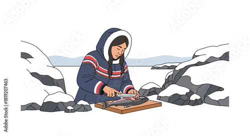 Indigenous woman in a traditional parka preparing a fresh fish.