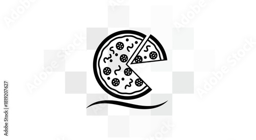 A simple black and white vector illustration showcases a pizza with slice missing