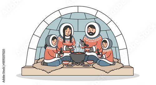 Inuit family gathered inside an igloo enjoying a meal together.
