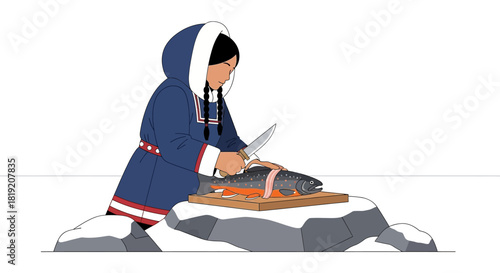 Inuit person in traditional attire preparing fish on a cutting board.