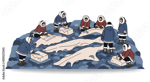 Inuit people preparing fish on ice in traditional attire.