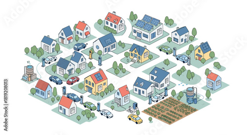 Isometric illustration of a suburban neighborhood with houses cars and trees.