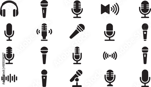 Audio equipment icons feature headphones, various microphones, sound waves, and volume indication on transparent background