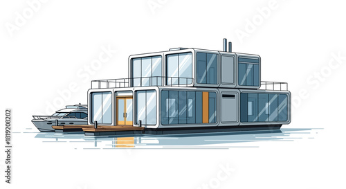 Modern Floating House Design with Boat Docked Alongside on Water.