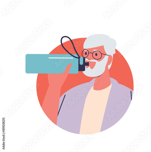 Thirsty grey-haired man drinking water
