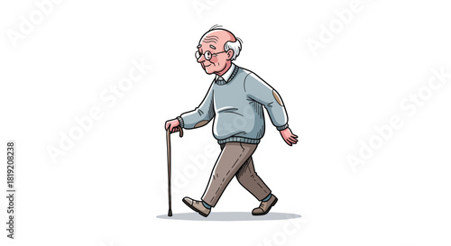 An elderly man with glasses taking a walk using a cane for support illustration