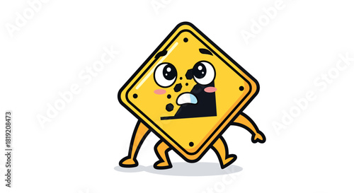 Animated landslide sign character expressing shock, caution and geological awareness