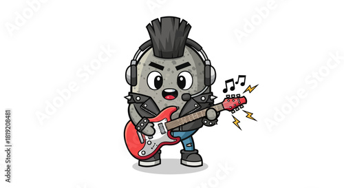 Animated punk rock potato character shredding electric guitar for concert concept