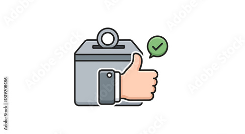 Approval of democratic voting process shown with ballot box and thumbs up icon