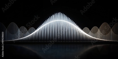 Gaussian bell curve visualization with light painting effect on a dark background reflecting below