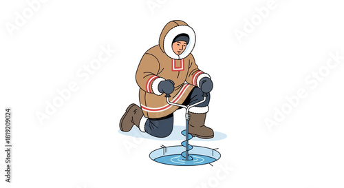Person ice fishing in winter clothing.