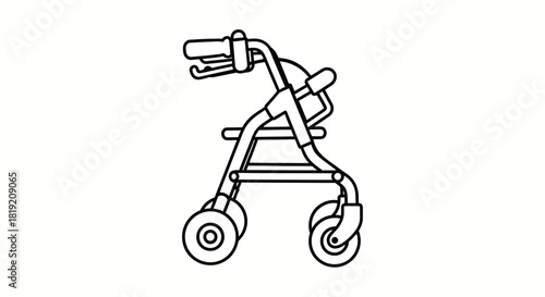 Black and white line art depiction of a wheeled walker for medical assistance