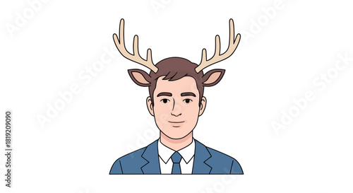 Cartoon businessman with deer antlers and ears, dressed formally with a tie