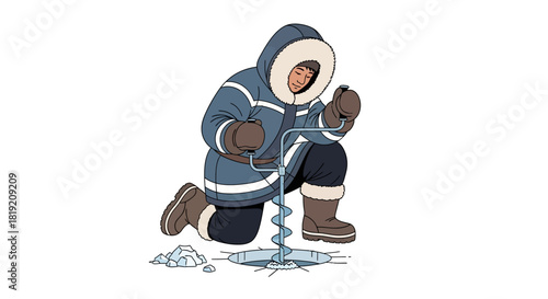 Person ice fishing in winter gear, drilling hole in ice.