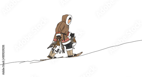 Person in Winter Gear Walking in Snow, Focused on Survival.