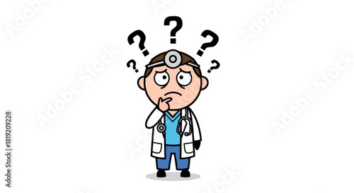 Cartoon doctor in dilemma surrounded by questions representing diagnostic challenges