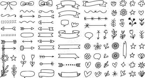 Black doodle set reveals assorted bows, ribbons, arrows, flowers, hearts, and speech bubbles