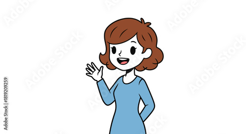 Cartoon female character waving hello with a friendly expression on an isolated background