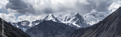 Glaciated and snow-covered mountain peaks, Tian Shan, Sky Mountains, Engilchek Valley, Kyrgyzstan