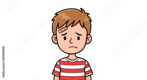 Cartoon illustration of a sad boy with a bandage, conveying childhood emotions and injury