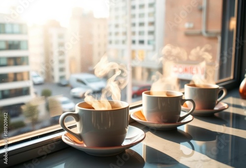 Steaming coffee cups on cafe windowsill, city view, morning sunlight,  rays,  breakfast