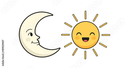 Cartoon Illustration of the Sun and Moon Depicting Night and Day Cycle with Happy Faces