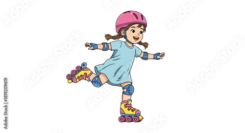 Cartoon illustration of a young girl happily roller skating with safety gear on white background