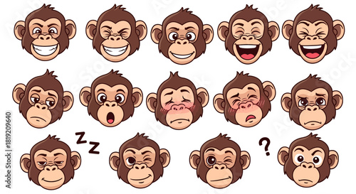 Cartoon monkey faces showcasing a spectrum of emotions and moods for graphic design