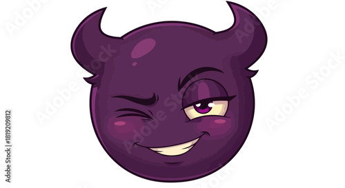 Cartoon purple devilish face with winking expression and small horns illustration