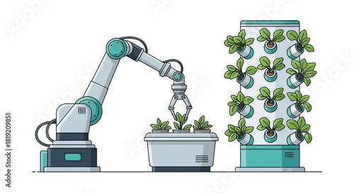 Robotic Arm Harvesting Plants in Vertical Farming System.