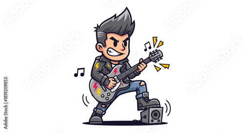 Cartoon rockstar shredding electric guitar unleashing a high energy performance