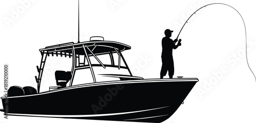 Fishing silhouette on motorboat, black illustration, bent rod action, outdoor recreation, cabin boat, nature sport, leisure, graphic, bold, art