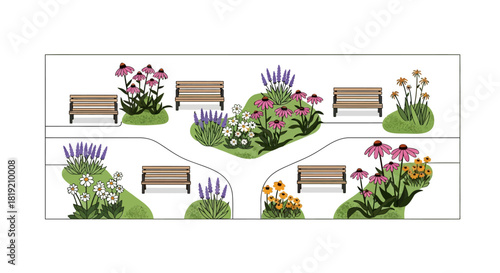 Schematic drawing of a public park with benches and flowerbeds.
