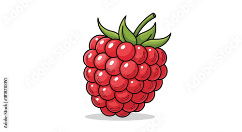 Cartoon styled ripe raspberry illustration with bright red color and green leaves showing its