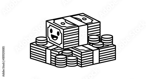 Cartoonish illustration showing stacks of cash and coin with a joyful expression displayed