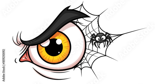 Cartoonish creepy glaring eye alongside a perched spider within its spooky web design