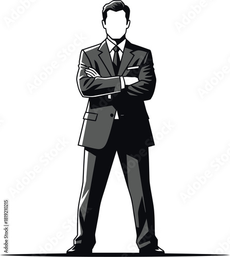 Confident Professional in a Formal Suit: A distinguished gentleman stands tall, his posture exudes confidence, with arms crossed and embodying professionalism and authority.
