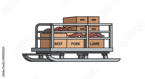 Sled full of cardboard boxes with meat labels for winter transport.