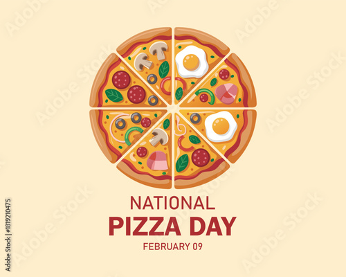 National Pizza Day vector. Different kinds of pizza slices vector. Whole pizza top view icon set. Pizza Day Poster, February 9.