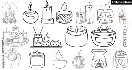 "Cozy Candle & Wax Melt Line Art Set – Spa & Self-Care Doodle Editable Stroke Collection"