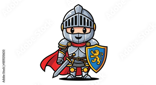 Charming Cartoon Knight Illustration Featuring Armor Shield and Sword on White