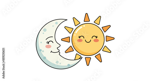 Charming celestial duo, smiling sun and moon sharing a cosmic affection illustration